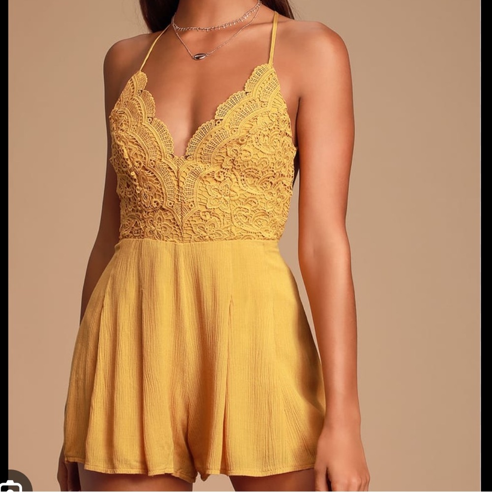 LULU’S Star Spangled Mustard Yellow Backless Lace Romper